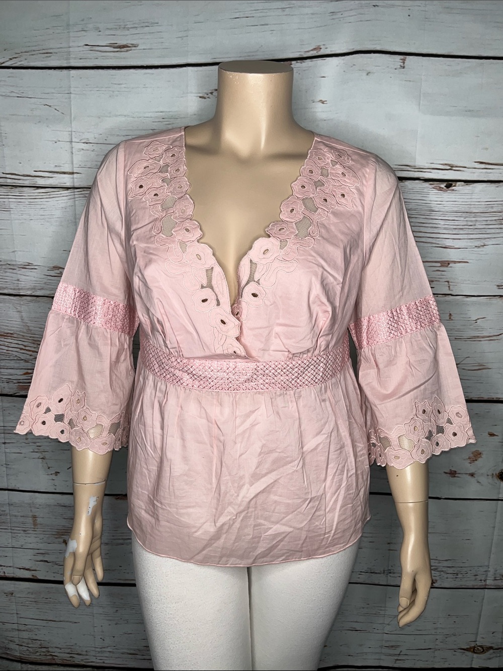 Venezia NWT Sz 14/16 Pink - Floral Embroidered Surplice V-Neck Peasant Shirt Top